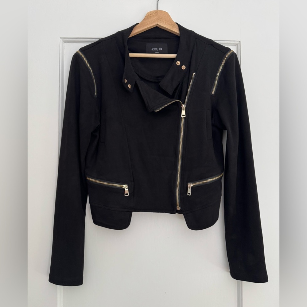 Black Velvet Stretch Biker Jacket (L)